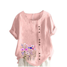 Blouse ample à manches courtes et imprimé floral rose aquarelle pour femme grande taille (tailles M à 5XL).