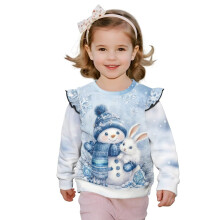 Girls' Ruffle Pullover Sweatshirt – Soft Christmas Snowman/Rabbit Design, Blue Fall Fashion Top, Long Sleeve School Sweater