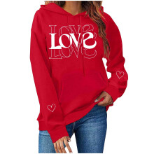 Felpa da donna rossa per San Valentino con stampa a cuori, comoda felpa con cappuccio, regalo romantico per lei, taglia 2XL