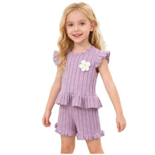 Set de 2 piese violet pentru copii și fetițe, ținută de joacă tricotată cu nervuri, cu mâneci cu volane și flori 3D, mărimea 2-3T