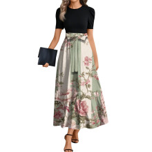 Abito lungo estivo in poliestere svolazzante, abito da addio al nubilato e tropicale per donna – Beige/Rosa, senza schienale, raso, compatibile con