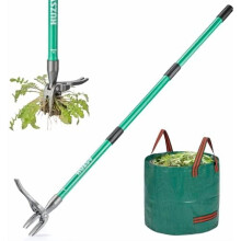 Outil arrache-mauvaises herbes avec long manche, 4 griffes en acier et poubelle pliable – Compatible avec les pelouses et les jardins, aucune