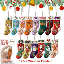 14 Pcs Mini Wooden Christmas Stocking Ornaments, 2D Flat Hanging Decorations for Tree, Mantel & Fireplace