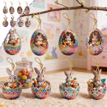 8 Pcs Easter Bunny & Egg Wooden Hanging Ornaments, 2D Flat Cute Rabbit in Eggshell Decorations for Home Tree Party Gift