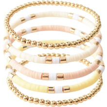 Surfer Heishi Clay Bead Bracelets for Women Bohemian Stackable Gold Beaded Stretch Bracelets Elastic Layering Friendship Bracelets Set Boho Jewelry