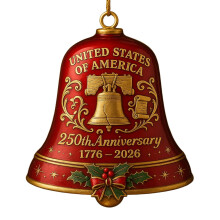 USA 250th Anniversary Bell Ornament – 2D Acrylic, Enamel Detailing (Red), for Patriotic Holidays & Christmas Tree – Compatible with Collectors
