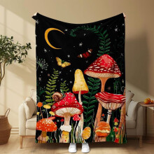 Coperta in morbido pile HELLOYOUNG – Motivo a funghi e cielo notturno, coperta accogliente per sonnellini a casa, in ufficio, in campeggio, in