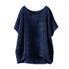 Linbluse Tunika Topper for kvinner Løs passform Pene Kortermede Henley-topper Sommerlinntopper Bondebluser for kvinner Ensfargede bluser Marineblå S