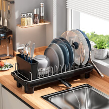 Stainless Steel Dish Drying Rack with Removable Utensil Holder, Anti-Scratch Base & Drainage – Space-Saving Black Design