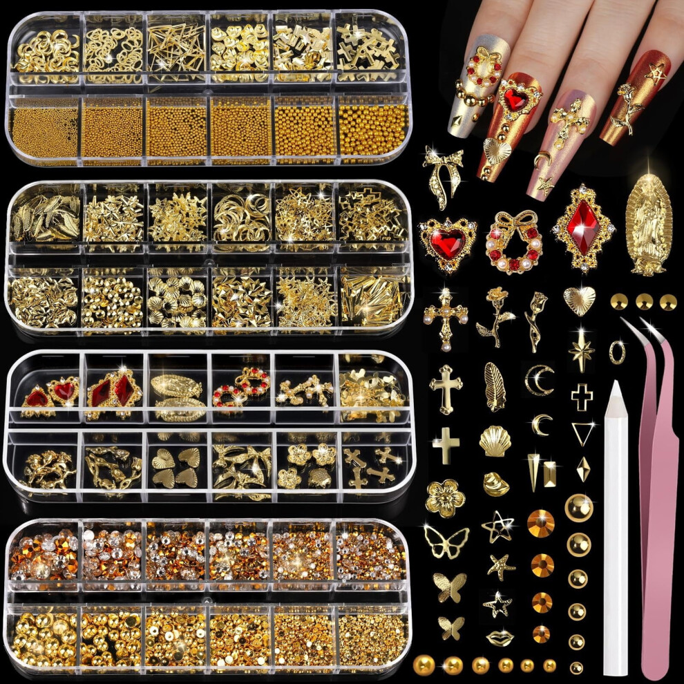 Gold Nail Charms & Gems Set â 4 Boxes of 3D Cross, Heart, Rhinestones, Pearls for Nail Art Design Kit