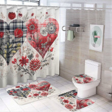 Tartan Patchwork Hearts 4-Pc Shower Curtain Set with Non-Slip Rug, Toilet Lid Cover & Bath Mat – Love Heart Holiday Decor, Waterproof