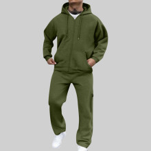 SYMOID Men's Jogging Suit Set – Zip Hoodie & Joggers, 100% Polyester, Quick-Drying, Army Green, Size L