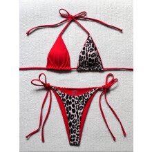 Conjunto de biquíni feminino com estampa de leopardo – Sutiã halter com bojo removível e calcinha fio dental com amarração lateral, ideal para
