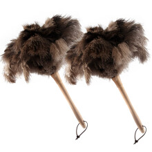 Lot de 2 plumeaux en plumes d'autruche de 40 cm, duveteux et naturels, avec manche en bois. Réutilisables et lavables, ils sont parfaits pour