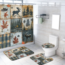 4-Pc Shower Curtain Set w/ Non-Slip Rug, Farmhouse Hunting Theme (Moose, Elk, Tree, Plaid), Toilet Lid Cover & Bath Mat – 72x72"