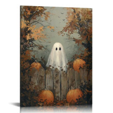 Cute Ghost Standing Outside Poster Fence Canvas Wall Art, 12x16in – Compatible with Living Room, Bathroom, Bedroom, Office