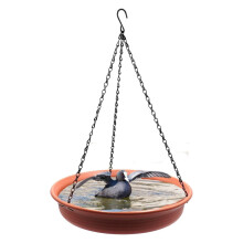 Triani Hanging Bird Bath for Outdoors, 9.68" Dia 2" Deep Plastic Tray with Metal Chain & Hook – Brown