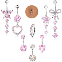 316L Surgical Steel Gold/Silver Dangle Belly Button Ring, 14G Hypoallergenic Navel Jewelry, Bow & Heart, 10mm/12mm Barbell – Compatible with