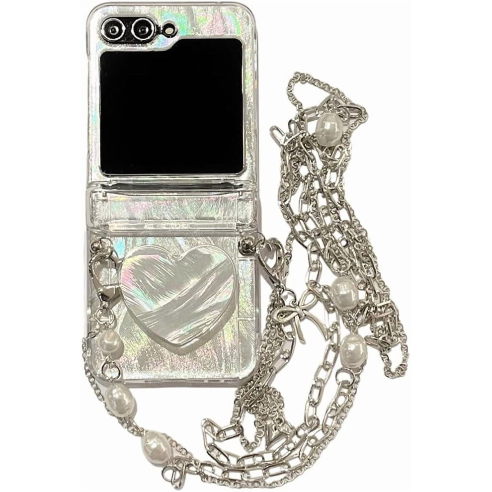 Pearl Heart Kickstand Case For Galaxy Z Flip 6 Â Card Holder, Wristband, Bling Kawaii Ultra-Thin Shockproof Cover (White) White 9180333267965