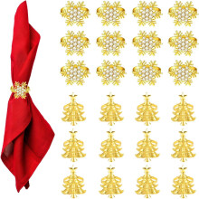 24Pcs Gold Christmas Napkin Rings – Tree & Snowflake Metal Rhinestone Holders, 1.9", for Winter Wedding & Dinner Table Decor