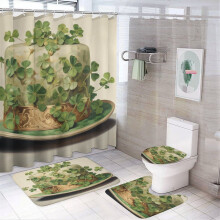 Shamrock Hat Bathroom Set: 4-Pc Shower Curtain, Non-Slip Rug, Toilet Lid Cover & Bath Mat – Irish Style, Waterproof, Durable