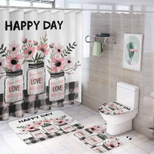 4Pcs Pink Floral Shower Curtain Set with Rug, Toilet Lid Cover & Bath Mat – Happy Mother's Day Decor, 72"x72"