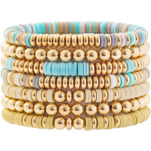 Surfer Heishi Clay Bead Bracelets for Women Bohemian Stackable Gold Beaded Stretch Bracelets Elastic Layering Friendship Bracelets Set Boho Jewelry