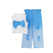 2-teiliges Set für Mädchen: Blaues Crop-Top mit Schleife & Ombré-Jeans im Used-Look, lässige, ärmellose Sommerkleidung für Mädchen, Größe