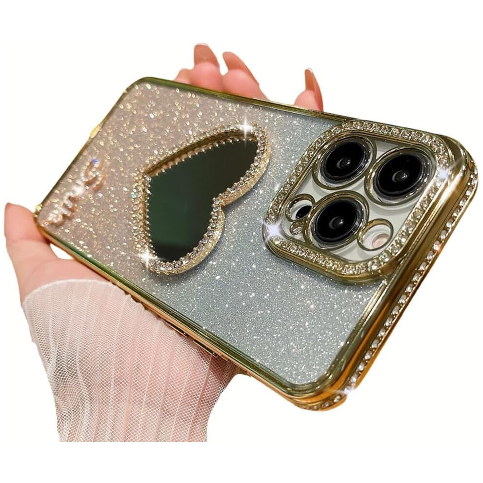Glitter Crystal Rhinestone Heart Mirror Gradient Bumper Case For Iphone 15 Plus Â Soft, Shockproof, Camera Lens Protection (Gold) Gold 9180333268382