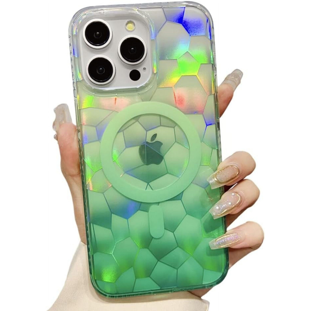 [Compatible With Magsafe] Clear Blu-Ray Gradient Rhombus Bumper Case With Camera Lens Protection & Shockproof Design For Iphone 15 (Green) Green 9180333268771