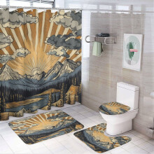 4-Piece Shower Curtain Set with Waterproof Curtain, Non-Slip Rug, Toilet Lid Cover & Bath Mat – Vintage Mountain Decor, Compatible with Standard