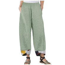 Calça feminina casual de cintura alta, verão, em algodão e linho, modelagem solta, comprimento reto, ideal para o trabalho, pernas largas, cintura