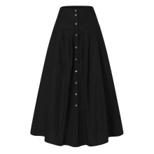 Damen-Maxirock in A-Linie, Frühling/Sommer, lässig, locker, einfarbig, hoher Bund, mit Taschen und Knöpfen (Schwarz, XXL)