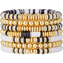 Surfer Heishi Clay Bead Bracelets for Women Bohemian Stackable Gold Beaded Stretch Bracelets Elastic Layering Friendship Bracelets Set Boho Jewelry