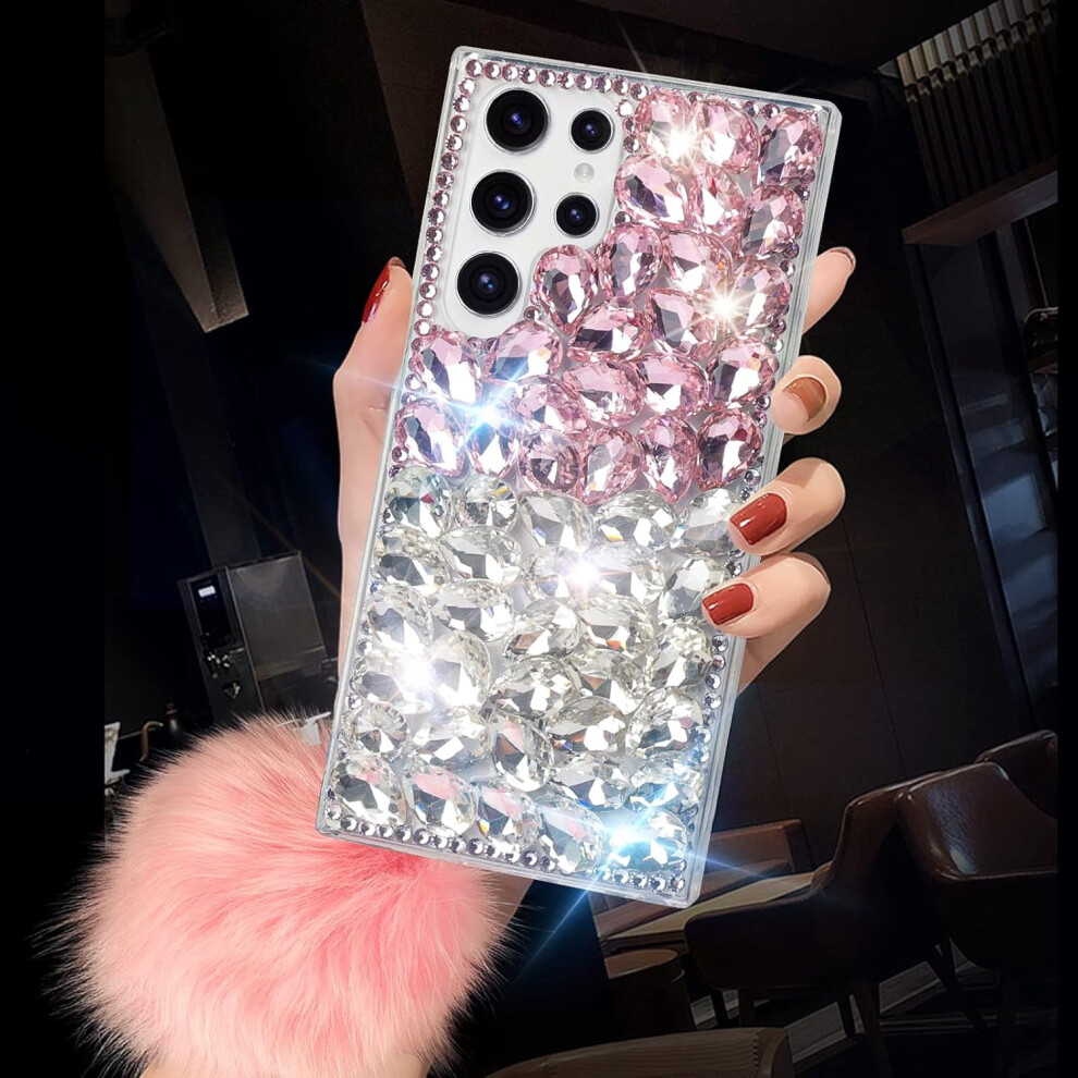 Compatible With Galaxy S23 Ultra Bling 3D Sparkle Diamond Rhinestone Glitter Case W/ Furry Plush Ball Pendant Â Soft Tpu Bumper, Shiny Gemstone 9180333270835