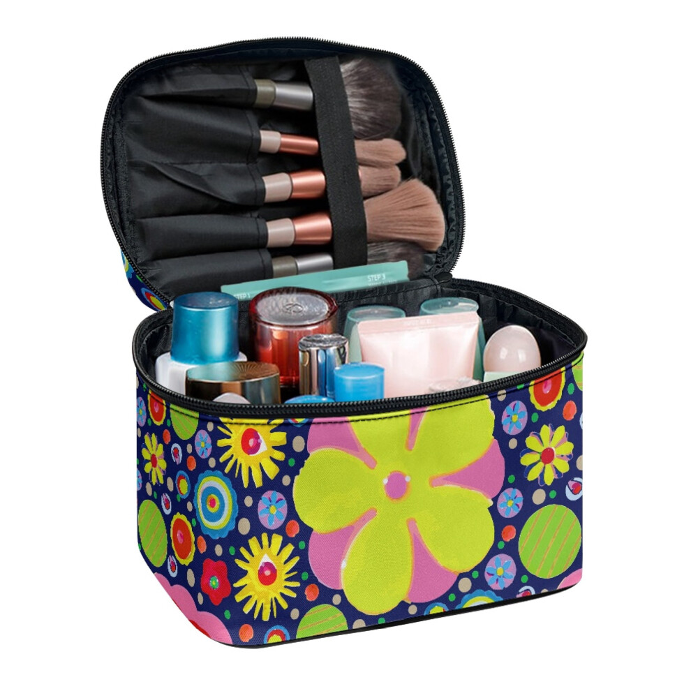Flowers Pattern Travel Cosmetic Case Storage Large Capacity Travel Cosmetic Bag Wide Open Portable Pouch Thoughtful Gift For Friend