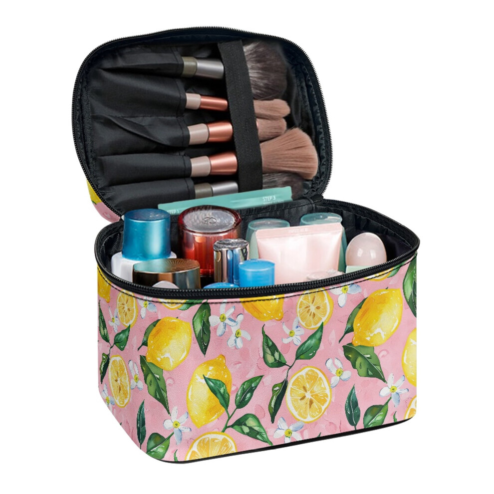 Lemons Cosmetic Case with Brush Slots Make up Cosmetic Bags Men and Women with Brush Holder Double Zip for Makeup