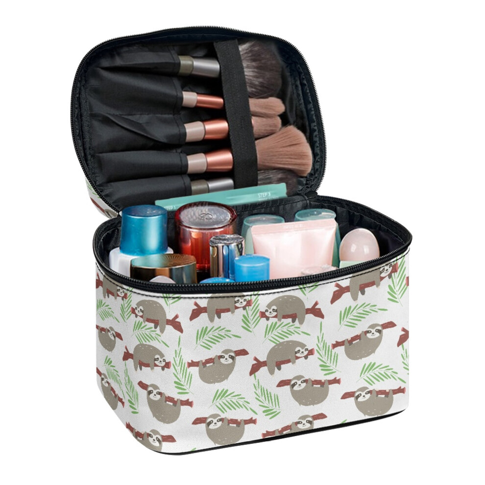 Handle Makeup Beauty Bag 8.86 x 6.5 x 5.9 Inches, Women Travel Storage, Sloths and Leaves