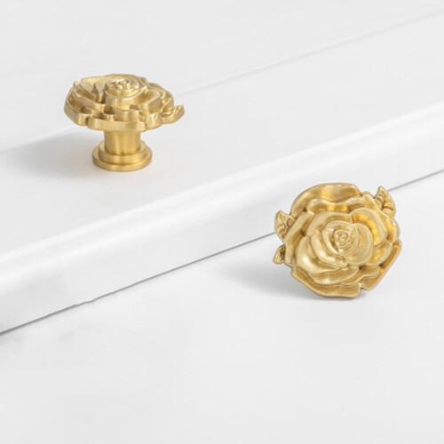 2Pcs Golden Brass Rose Drawer Knobs Elegant French Design Cabinet Pulls