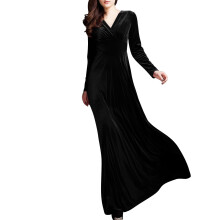 Robe de soirée automne-hiver pour femme, en velours doré, col en V, manches longues, noire, taille XXL