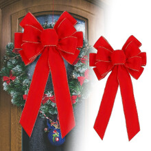 Rode fluwelen kerststrik 19,7 x 10,6 inch met gouden rand en glitter – buiten- en kerstboomversiering, geschikt voor kerstdecoraties