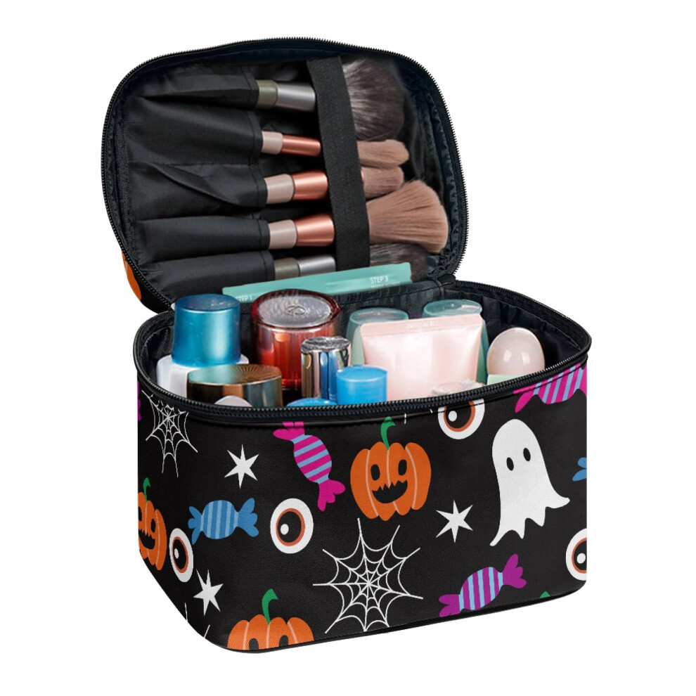 Portable Makeup Bag Ghost Pumpkin Pattern Travel Portable Handy Portable Cosmetic Brush Case Double Zipper Women Men