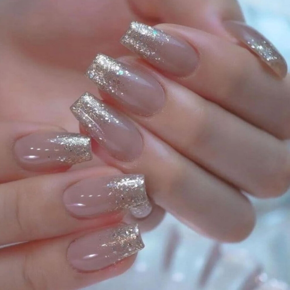 24 Pieces Ballet False Nails with Glitters French Tips Full Covers Glossy Stick on Nails Manicure Artificial Nails Art