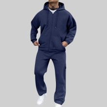 SYMOID Big & Tall Men's Jogger Set - 3XL Dark Blue, 100% Polyester Quick-Drying, Zip-Up Hoodie with Pockets for Daily Wear & Loungewear