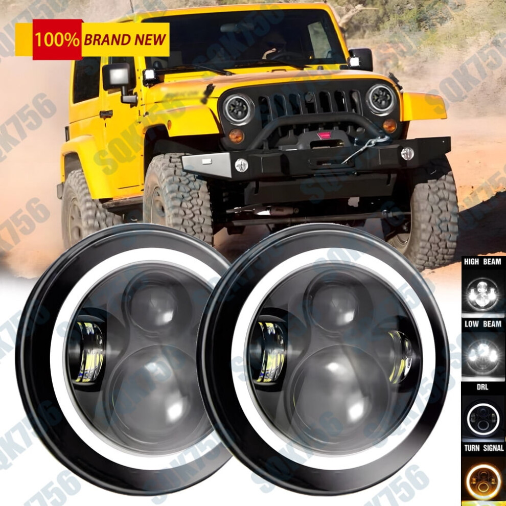 7" Led Headlights Halo Angle Eyes For Jeep Wrangler Jk Jku Lj Tj Cj 1996-2018 Black 9165521921331