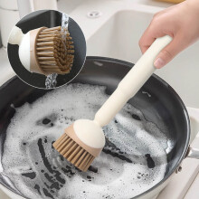 Brosse de nettoyage multifonctionnelle antidérapante à long manche avec pince auxiliaire pour casseroles, poêles et surfaces de cuisine.