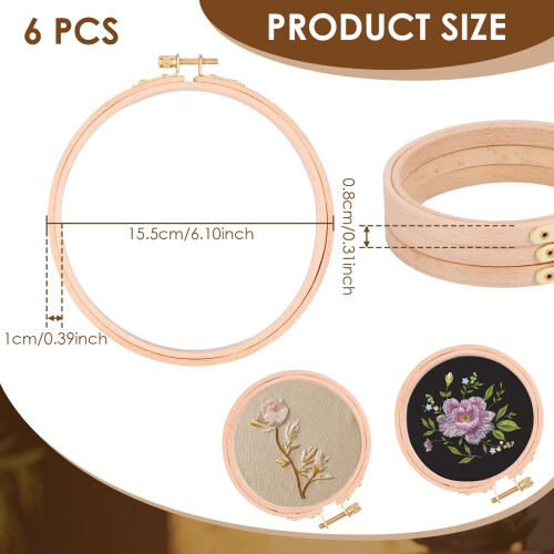 6-Pcs Solid Wood Adjustable Embroidery Hoop Set – Smooth Round Cross Stitch Frame, Multipurpose Ring for Needlework 1