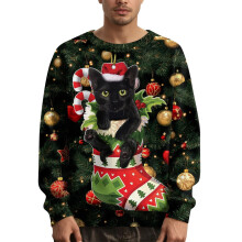 Men's Christmas Cat Print Raglan Top, Lightweight Quick-Dry Polyester, Compatible with Fall/Spring, L Green