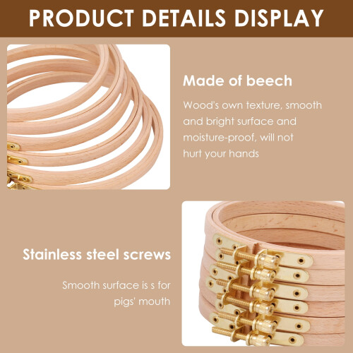 6-Pcs Solid Wood Adjustable Embroidery Hoop Set – Smooth Round Cross Stitch Frame, Multipurpose Ring for Needlework 2