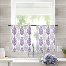 Sheer Curtains 45" L, Grey & Purple Olive Leaf Watercolor Design, Light Filtering Voile Drapes (52"W x 45"L, 2 Panels)